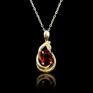 Vintage Faux Red Ruby and Cubic Zirconia 18K GE Pendant on 14k GF Chain Signed